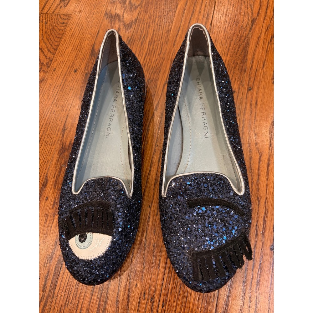 Chiara Ferragni Flirting Glitter Loafers 36 Navy Blue Eye Wink Flats Italy